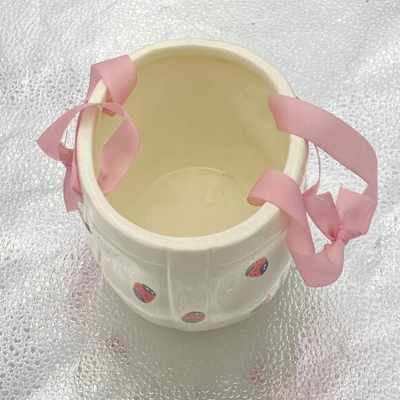 Hand-Painted Ceramic Planter Ladybug Basket White Pink Ribbon Handles Candy Dish - Picture 2 of 9